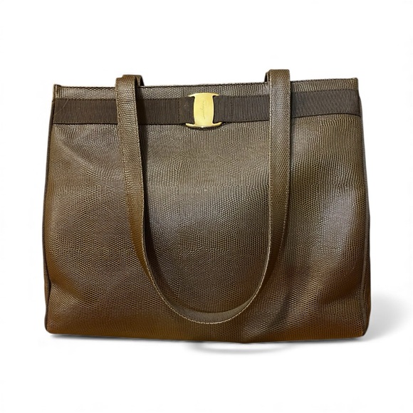 Salvatore Ferragamo Handbags - Salvatore Ferragamo Vintage Brown Embossed Leather Vara Bow Tote